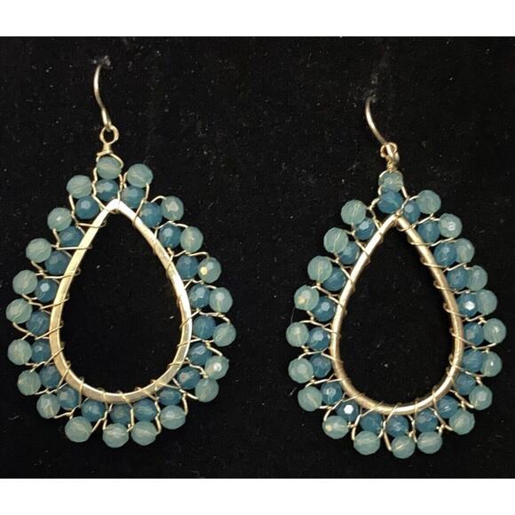 Unbranded Jewelry - Aqua Blue Wire Beaded Boho Teardrop Dangle Pierced Wire Earrings